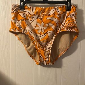 Kona Sol Orange Floral Tummy Control High Waist Bikini Bottom Size Large NWOT